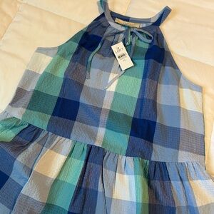 LOFT Blue & Teal Plaid Halter Tie Neck Dress